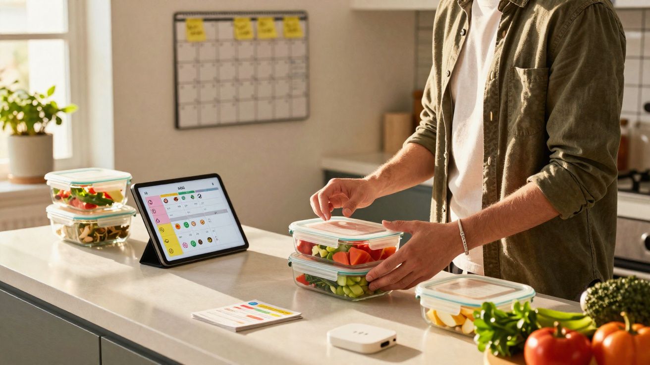 Pessoa na cozinha a embalar legumes em recipientes plásticos transparentes, com tablet e calendário ao fundo.