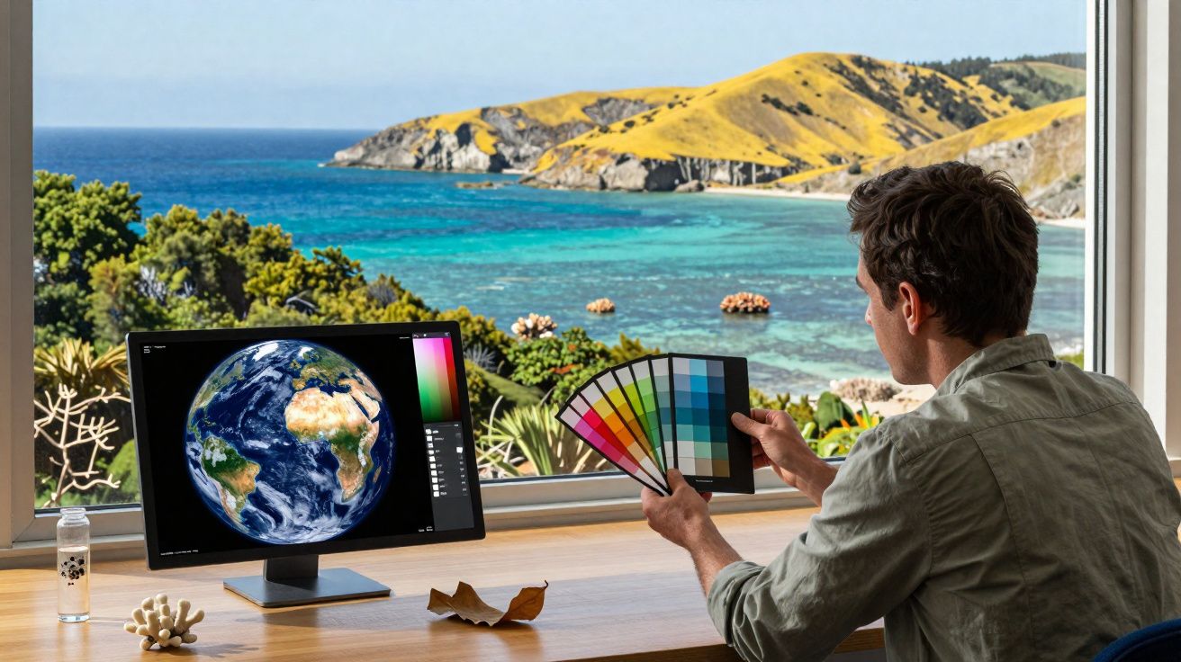 Homem compara paleta de cores junto a computador com imagem da Terra, com vista para paisagem costeira natural.