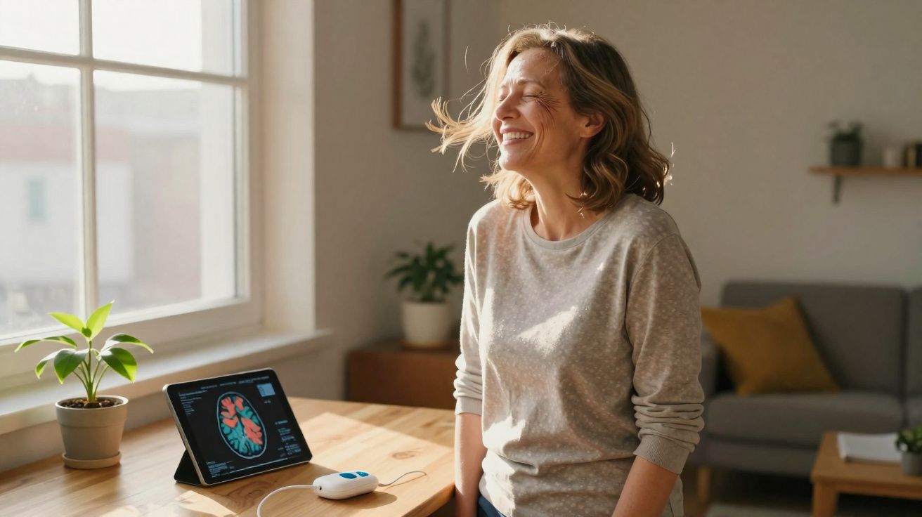 Mulher sorridente a relaxar junto a janela, com dispositivo e tablet mostrando imagem cerebral numa mesa.