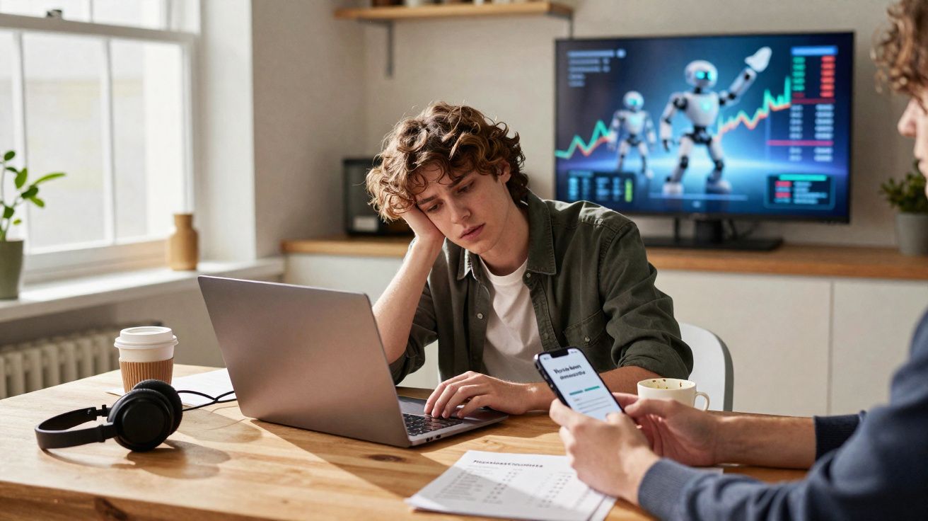 Jovem sentado à mesa com computador portátil, parecendo cansado, e outra pessoa a usar telemóvel com gráficos ao fundo.