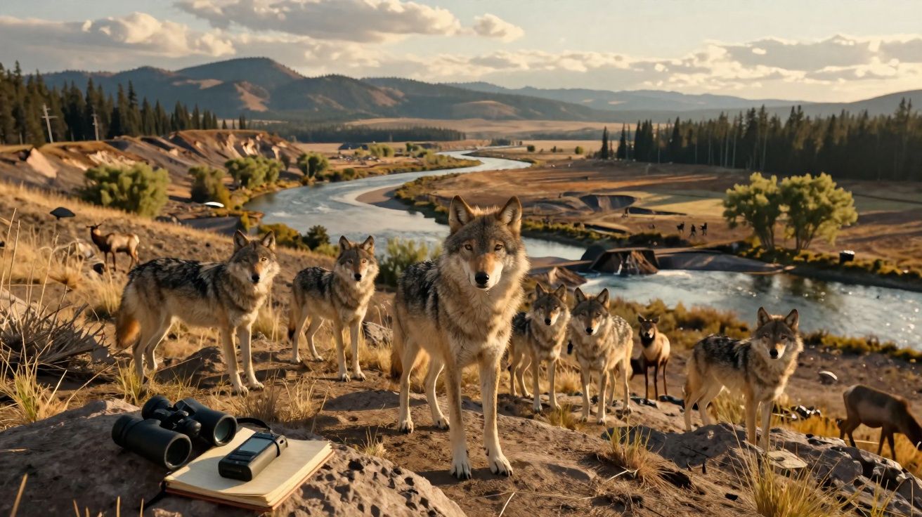 Grupo de lobos na margem de um rio sinuoso, com paisagem montanhosa e floresta ao fundo.