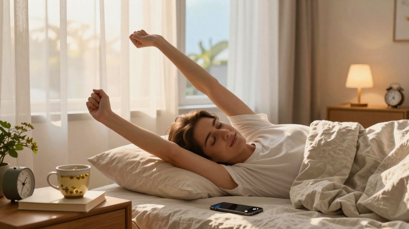 Pessoa a espreguiçar-se na cama ao acordar num quarto iluminado pela luz natural.