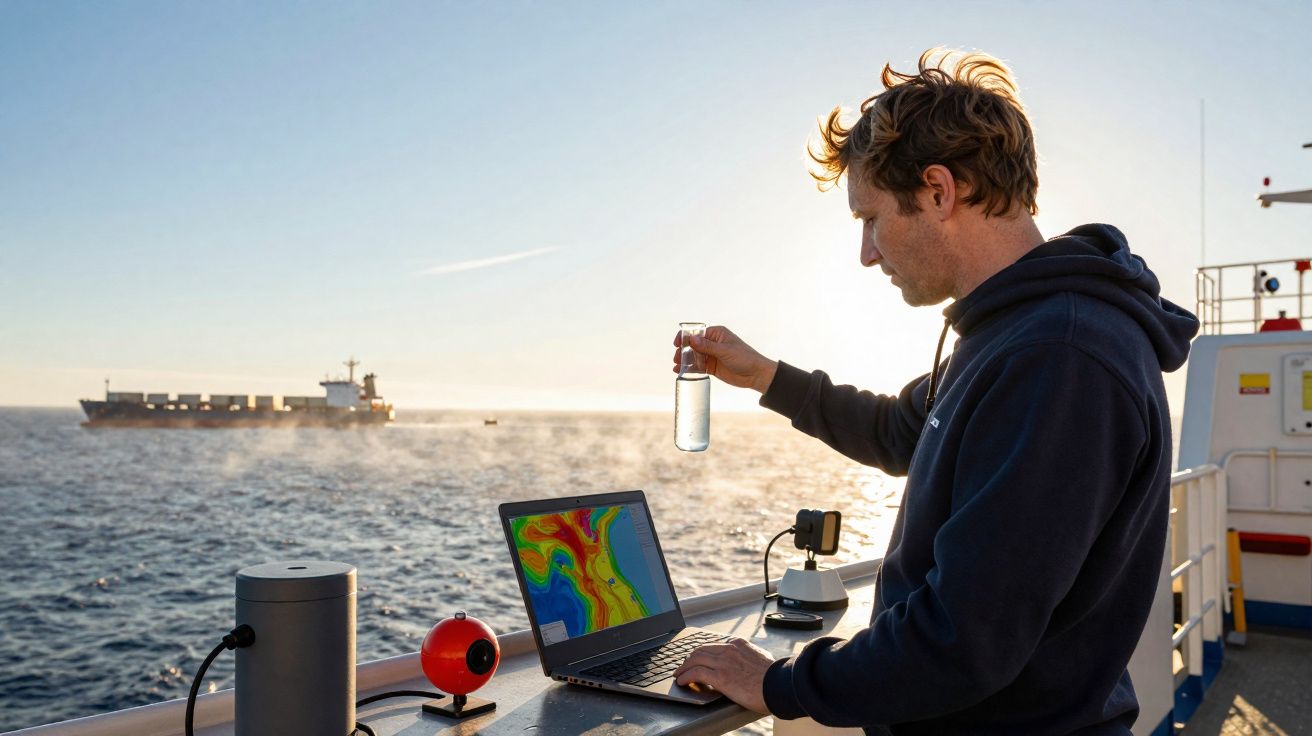 Homem num barco com computador e amostra de água, analisando dados marítimos ao pôr do sol.
