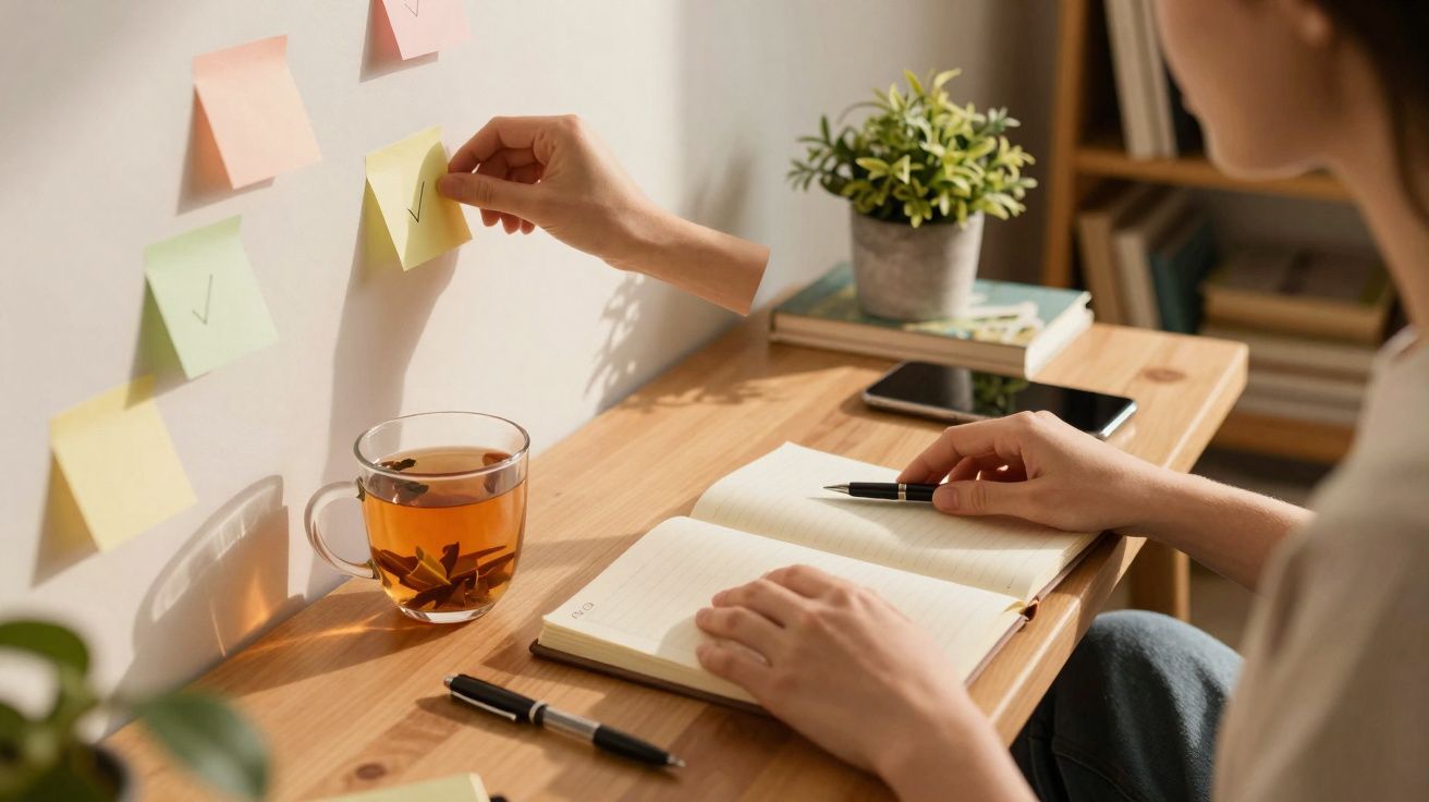 Pessoa a fazer anotações num caderno enquanto cola notas adesivas com tarefas concluídas numa parede.