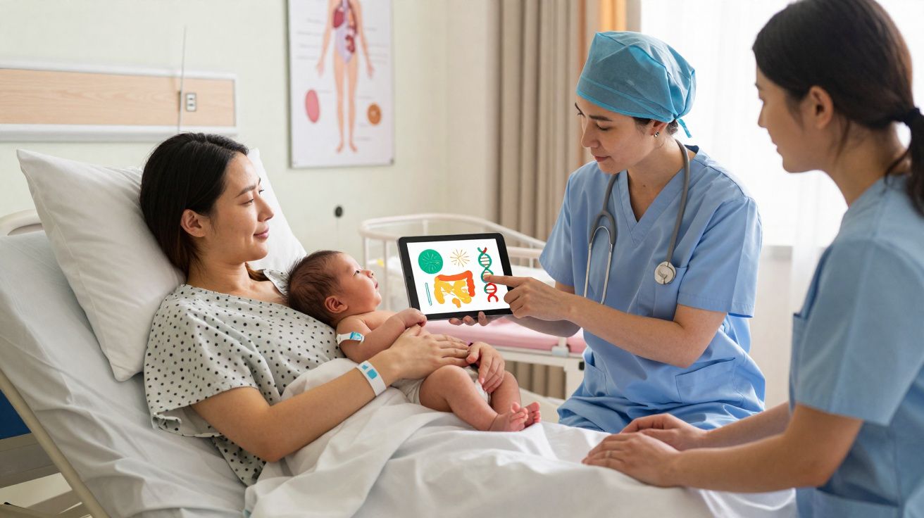 Médica mostra imagens num tablet a mãe com bebé num quarto de hospital, enquanto outra profissional observa.