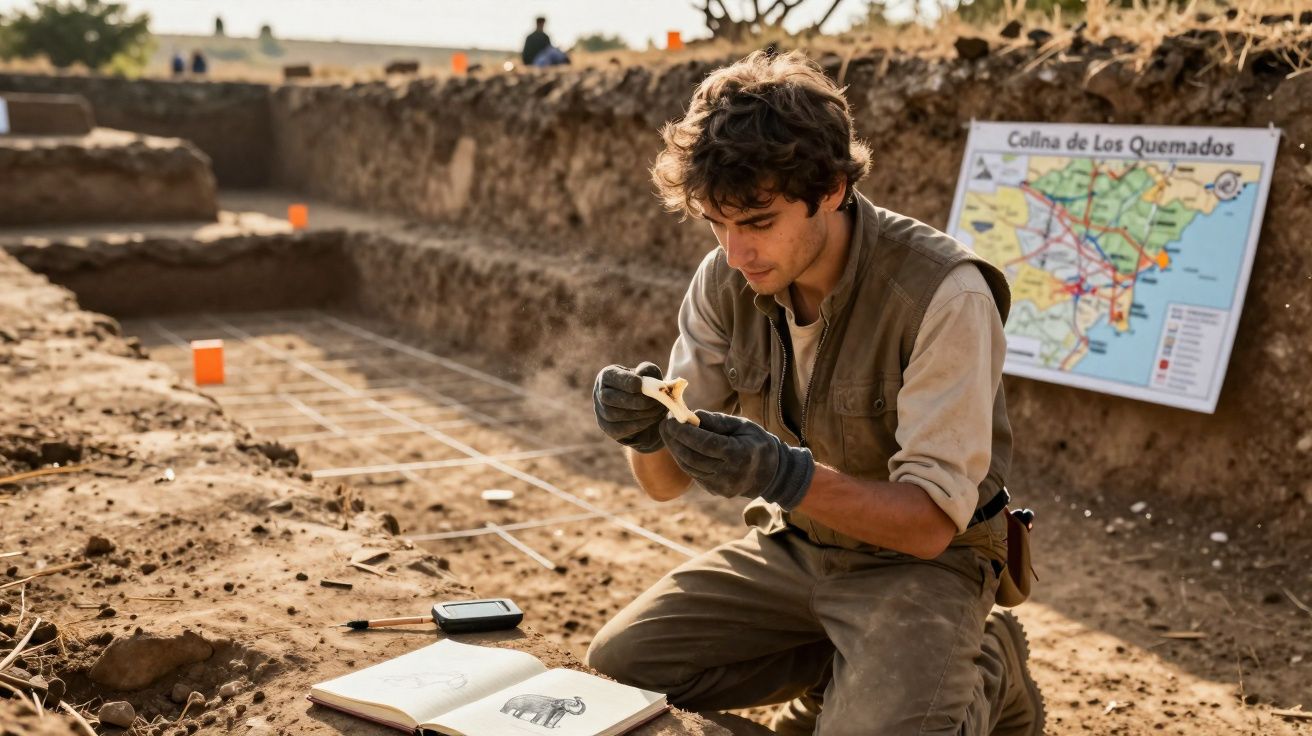Arqueólogo examina ossos durante escavação arqueológica ao ar livre numa zona demarcada.