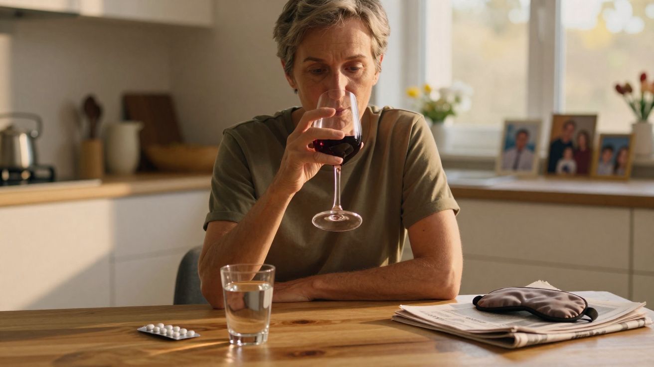 Mulher sentada a beber vinho tinto numa cozinha, com comprimidos, copo de água e máscara sobre mesa.