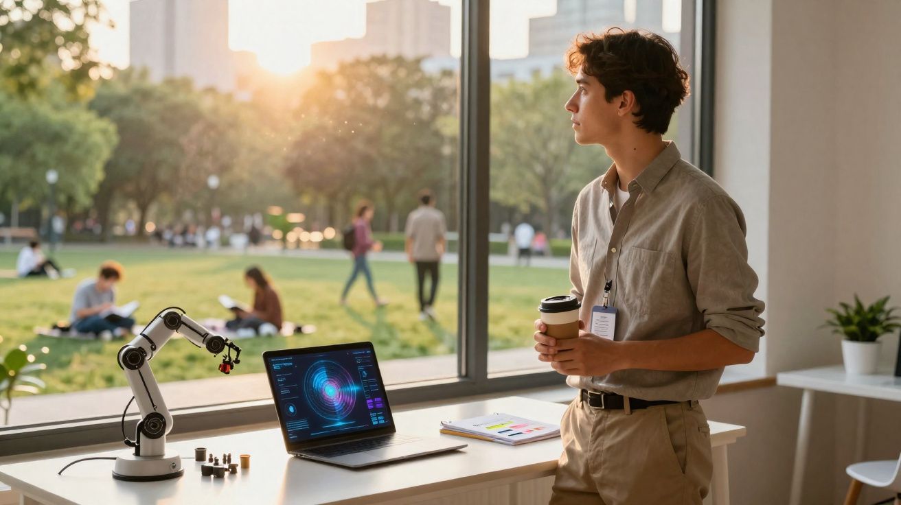 Jovem em escritório com laptop, robô mecânico e vista para parque com pessoas em fundo desfocado.