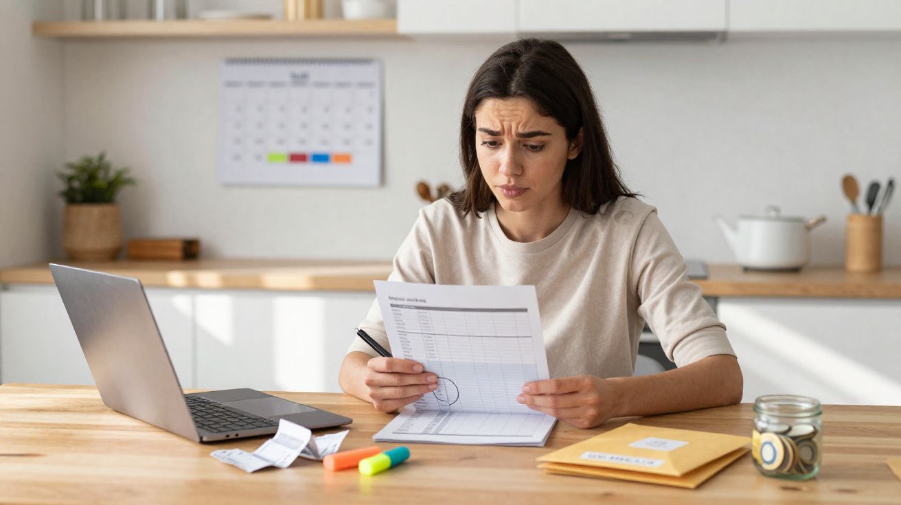 Mulher preocupada a analisar faturas com portátil, envelope e jarro com moedas numa cozinha iluminada.