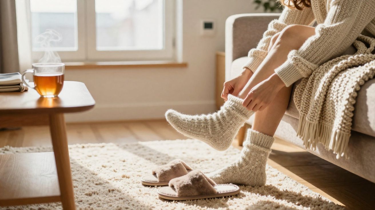 Pessoa sentada no sofá a calçar meias de lã junto a uma chávena fumegante numa sala acolhedora.