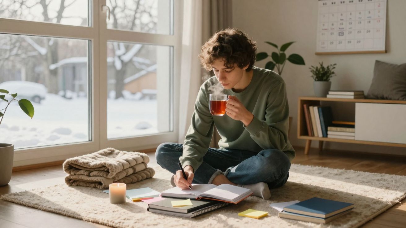 Jovem sentado no chão a escrever num caderno com uma chávena de chá, perto de janela com neve do lado de fora.