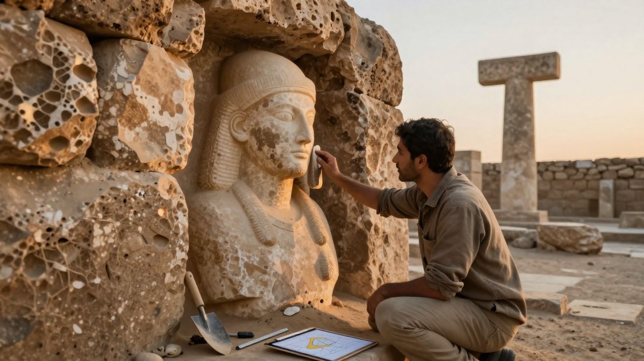Homem a restaurar uma escultura antiga de pedra num sítio arqueológico ao pôr do sol.