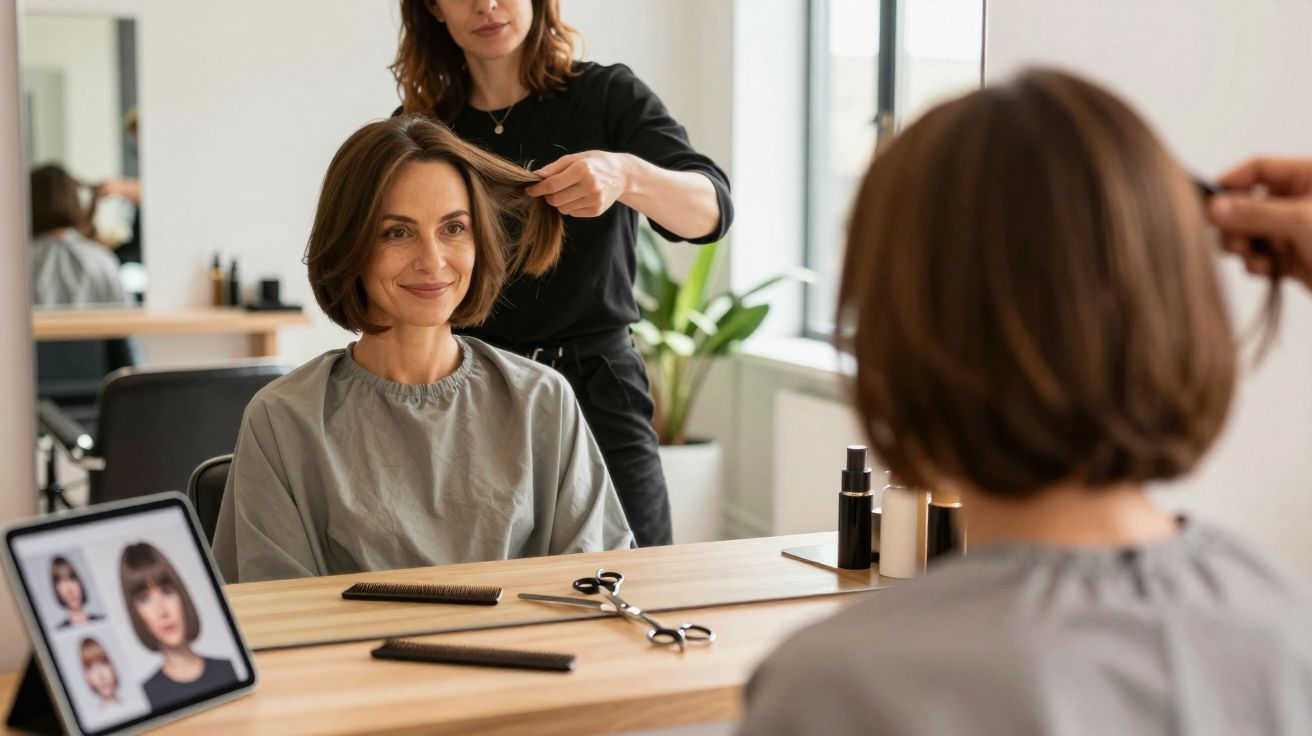 Mulher sentada no cabeleireiro a olhar para o espelho enquanto profissional arruma o cabelo.