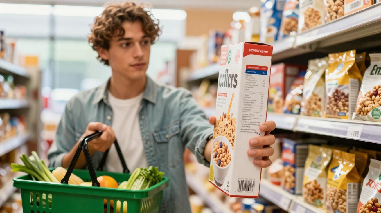 Jovem com cesta de compras mostra caixa de cereais num corredor de supermercado.