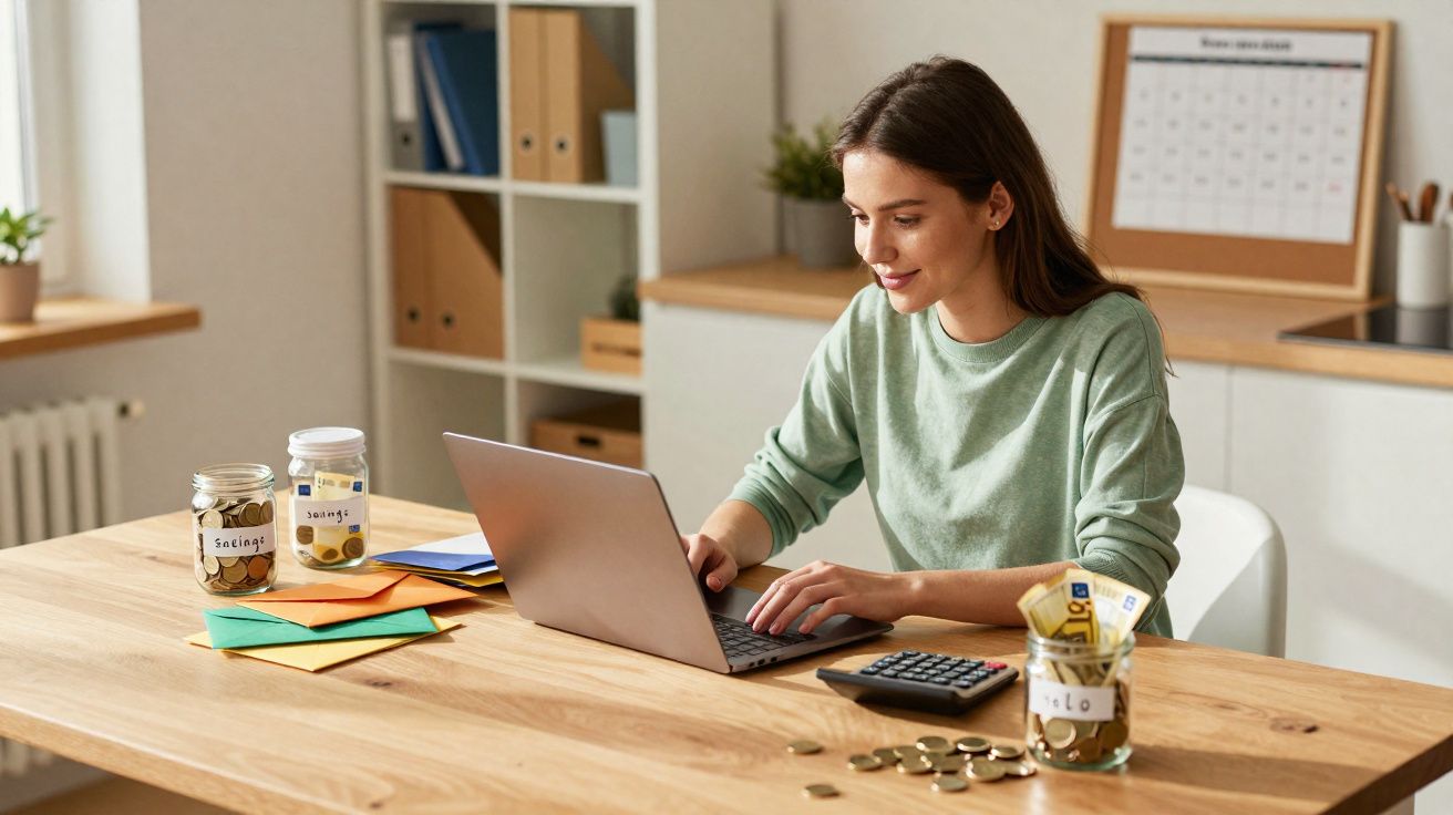 Mulher jovem a trabalhar num portátil numa mesa com frascos rotulados de poupanças e dinheiro espalhado.