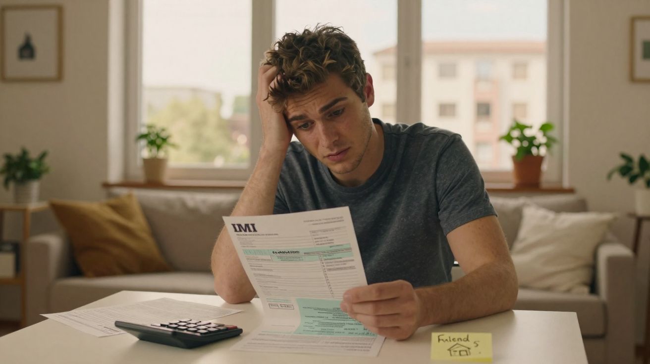 Jovem preocupado lê uma fatura em casa, com calculadora e papéis na mesa à sua frente.