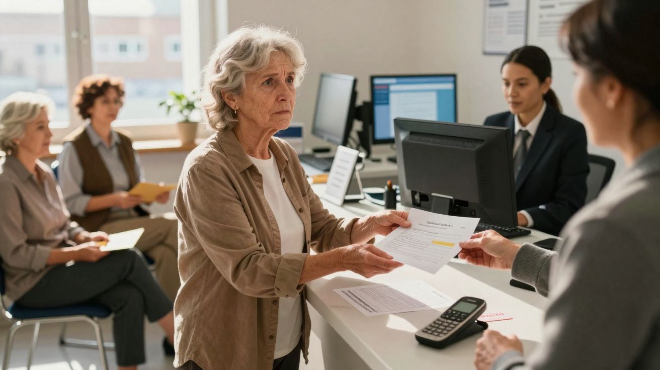 Idosa entrega documento a funcionária num balcão de atendimento enquanto outras esperam sentadas numa sala.