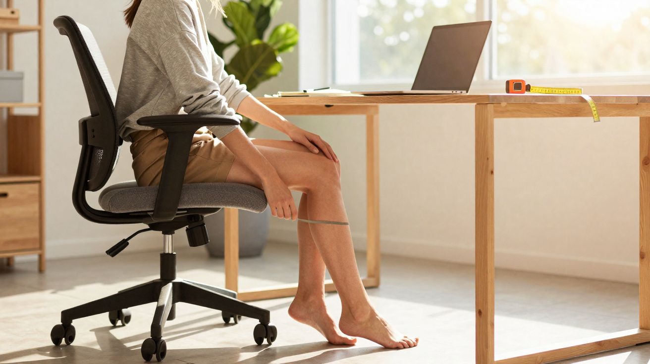 Pessoa sentada numa cadeira de escritório a medir a perna com fita métrica, junto a uma secretária com portátil.