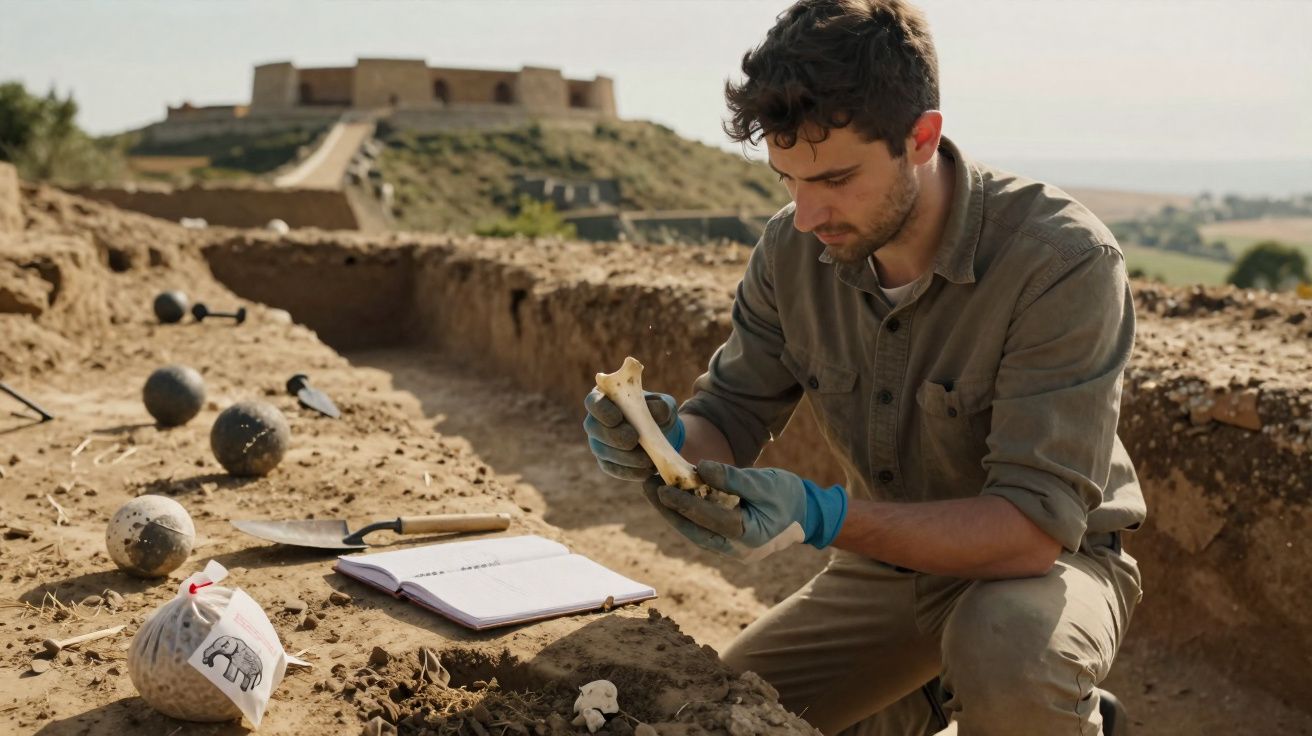 Arqueólogo a examinar ossos durante escavação arqueológica num sítio com fortaleza ao fundo.
