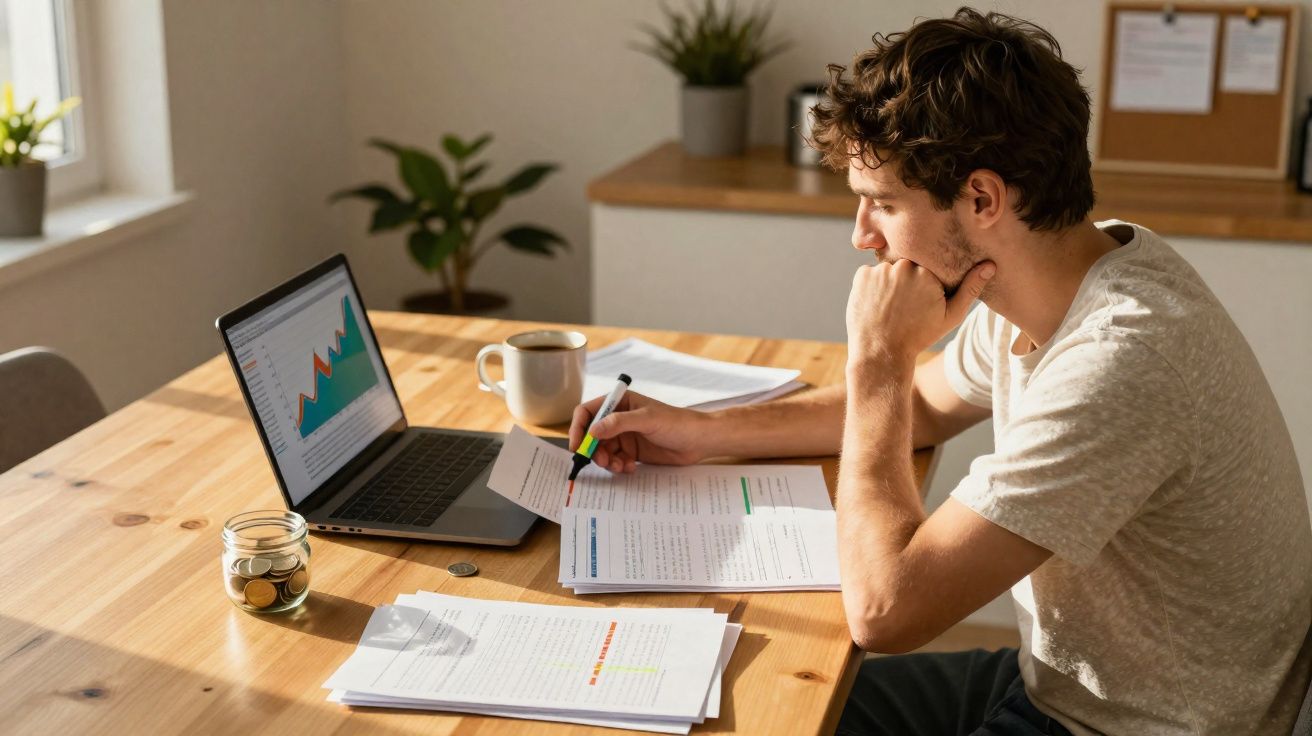 Homem a analisar documentos e gráficos no portátil enquanto marca textos com marcador numa mesa de madeira.