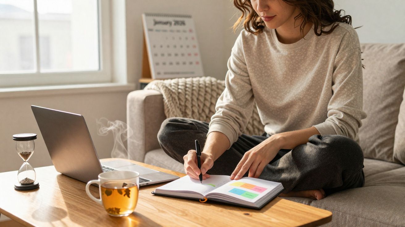 Pessoa sentada no sofá a escrever num diário, com chá, computador portátil e ampulheta numa mesa à frente.
