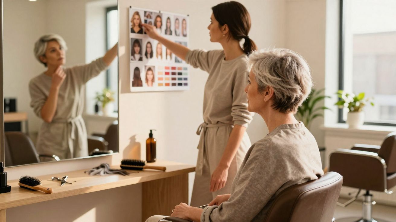 Cabeleireira a mostrar opções de corte de cabelo para cliente num salão moderno e iluminado.