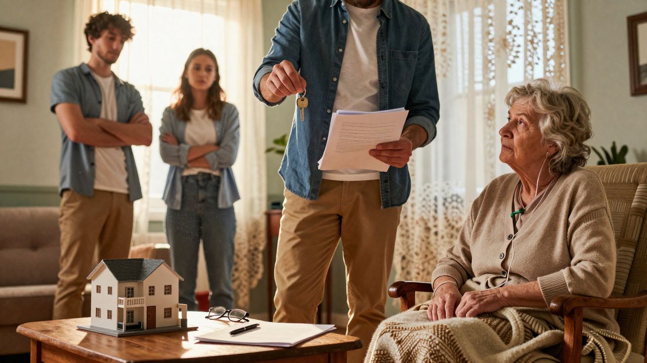 Homem entrega chaves de casa a idosa enquanto casal observa sentado numa sala iluminada.