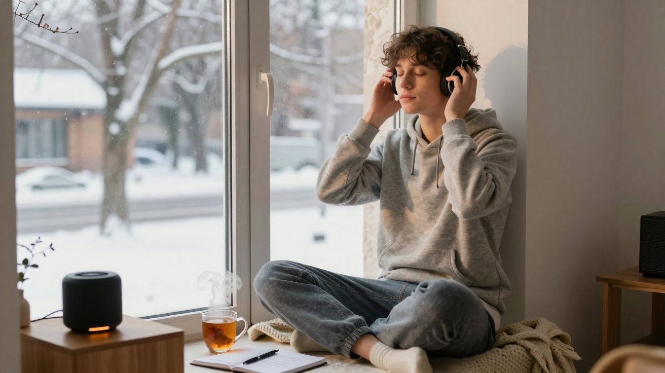 Jovem sentado na janela com auscultadores a ouvir música, chá quente e neve lá fora.