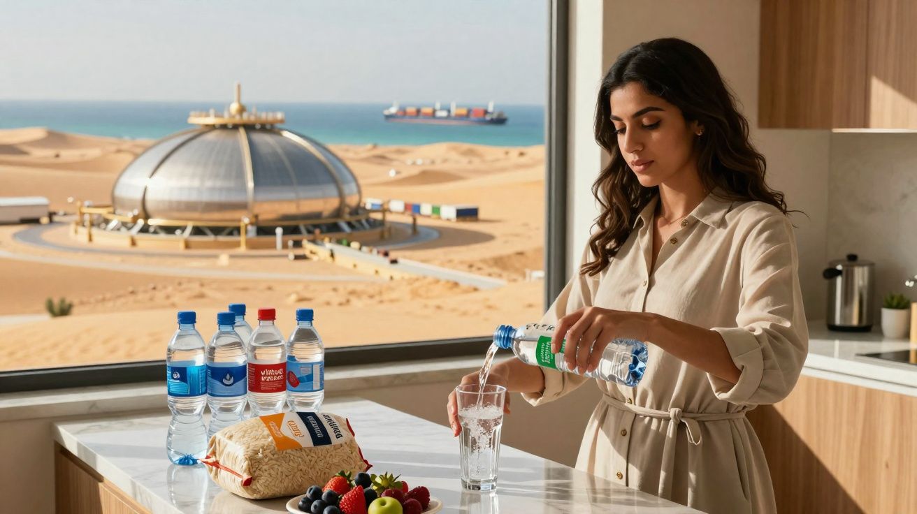 Mulher a servir água num copo, com janela para deserto e estrutura circular futurista ao fundo.