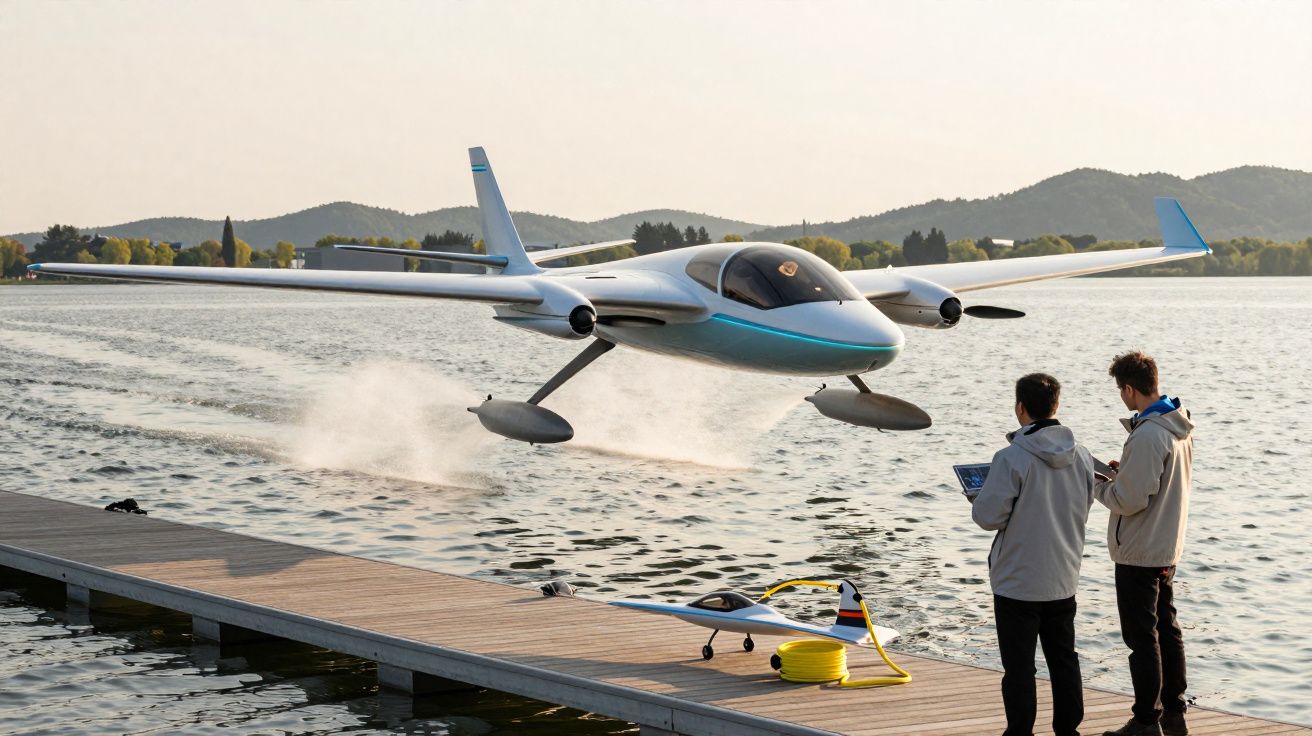 Avião elétrico levantando voo sobre um lago junto a um cais com duas pessoas a observar.