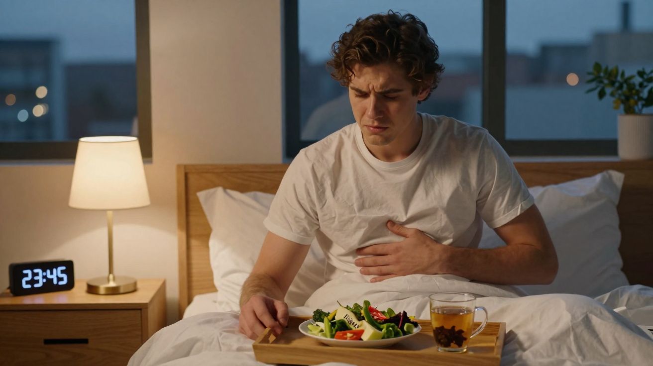 Homem sentado na cama tocando o estômago com expressão de dor, com uma salada e chá numa bandeja.