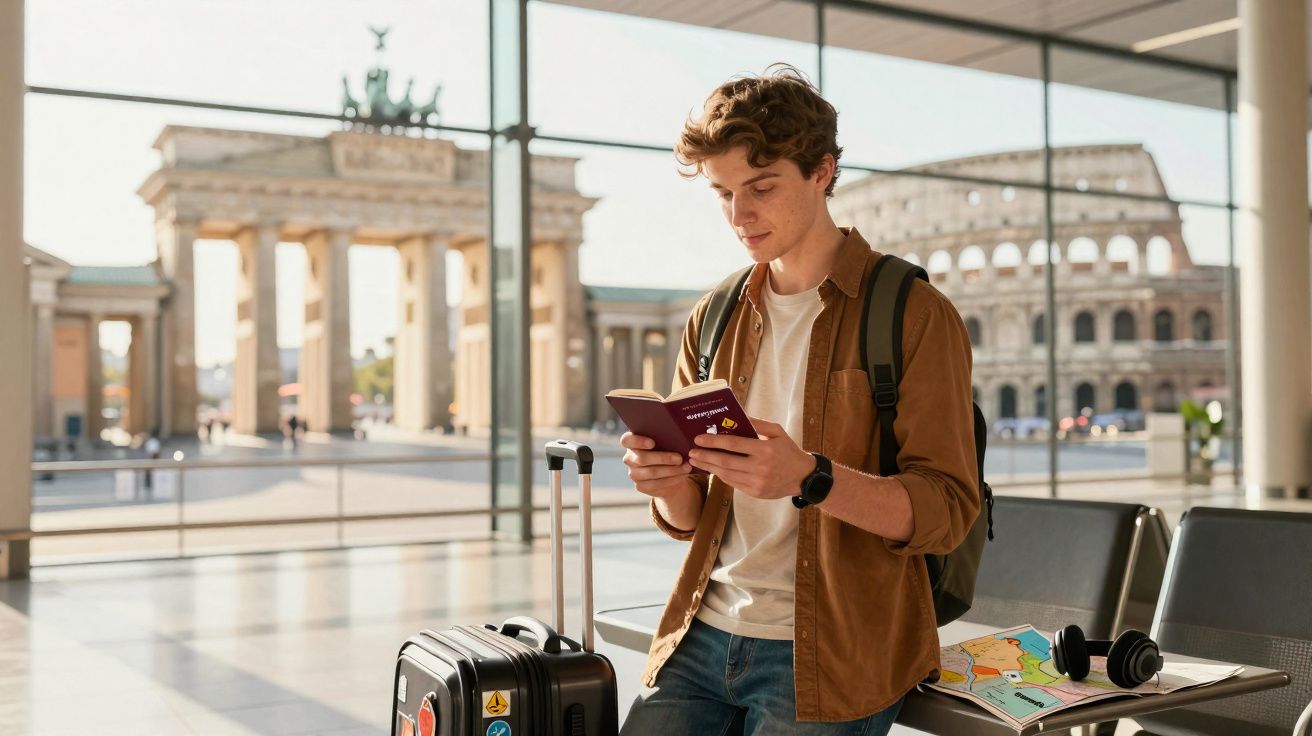 Jovem com mochila e mala consulta passaporte numa estação com vista para o Portão de Brandemburgo em Berlim.