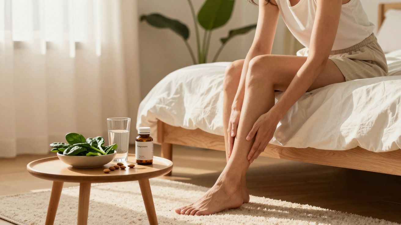 Pessoa sentada na cama a massajar pernas, com prato de espinafres, frasco de comprimidos e copo de água numa mesa junto.
