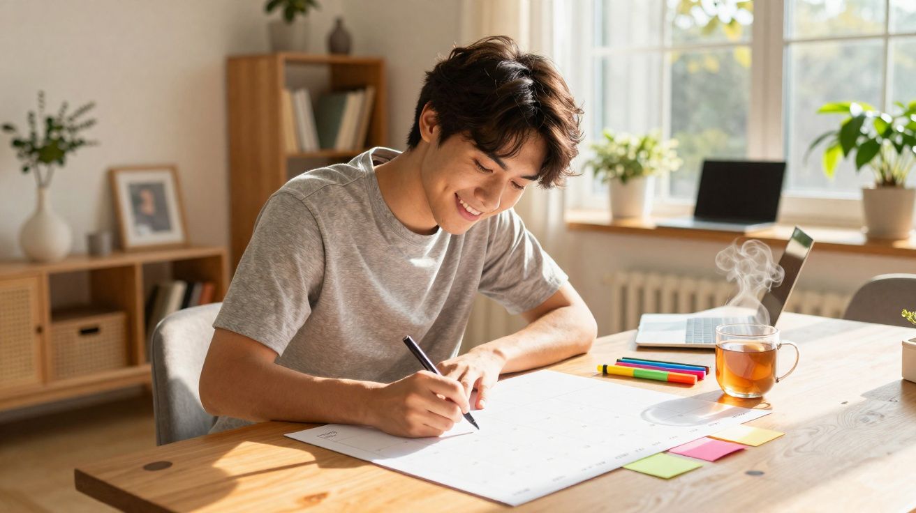 Jovem sorridente a escrever num calendário num ambiente luminoso com chá quente na mesa.