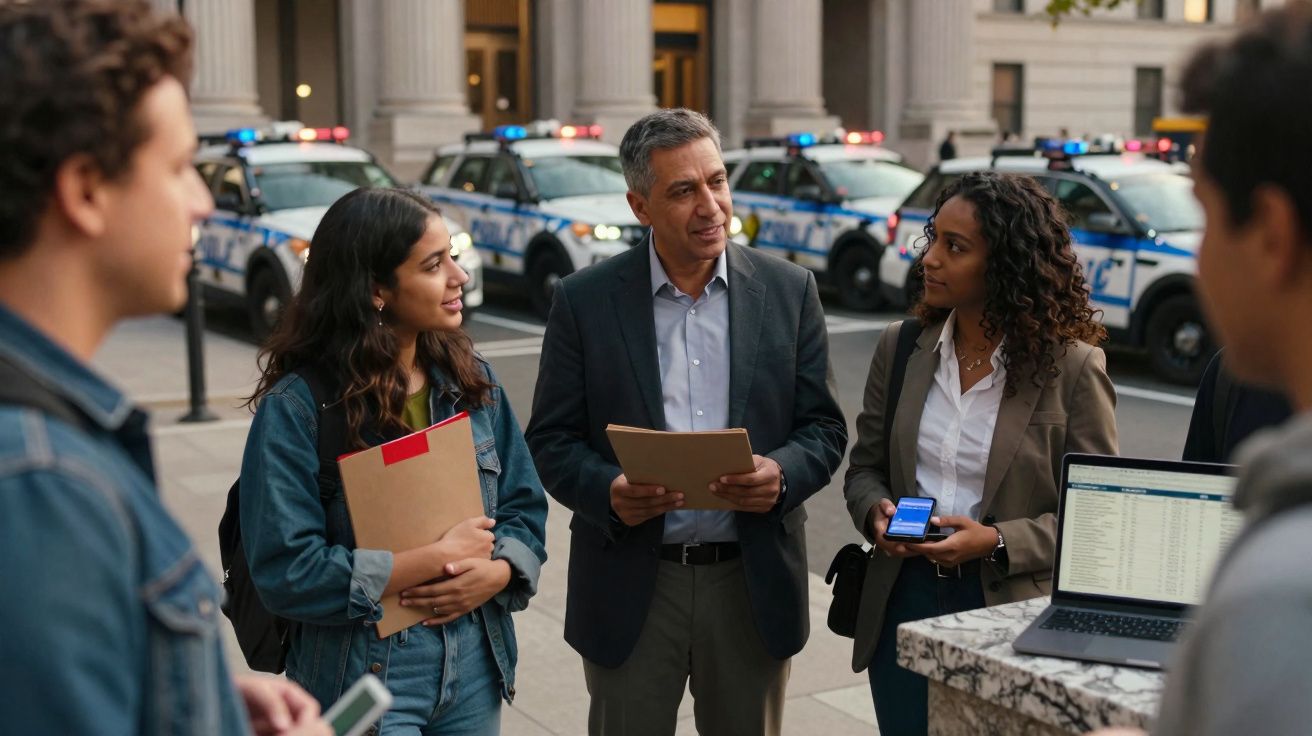 Grupo de profissionais a discutir documentos na rua, com viaturas policiais ao fundo.