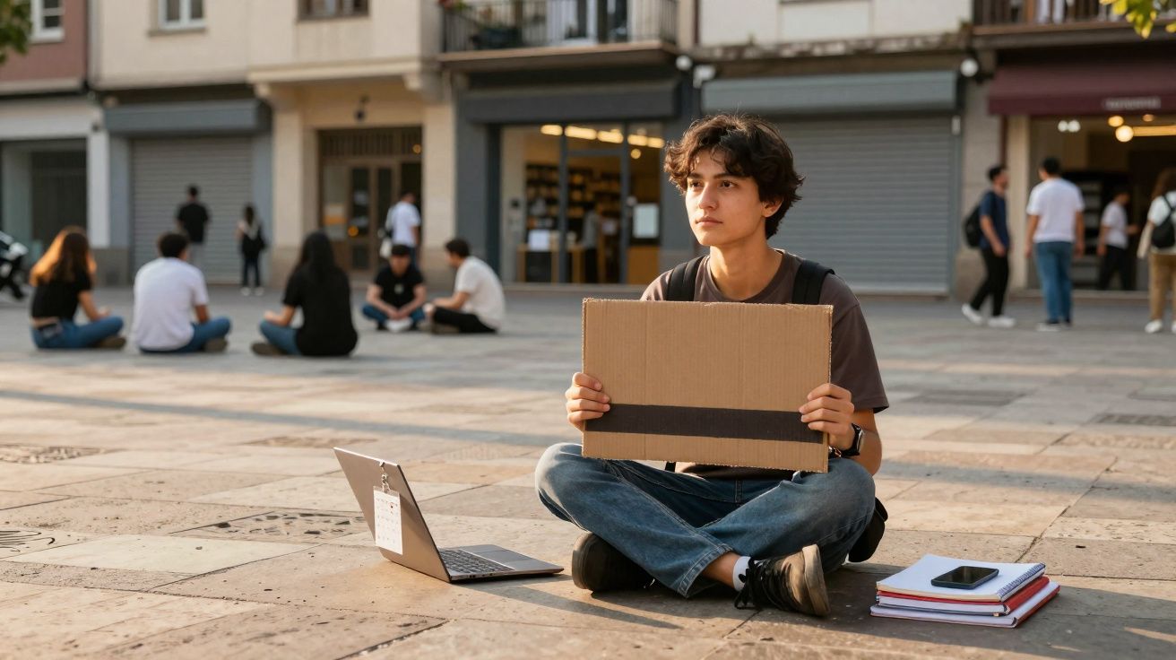 Jovem sentado no chão de praça com placa de cartão, computador portátil e cadernos ao lado.