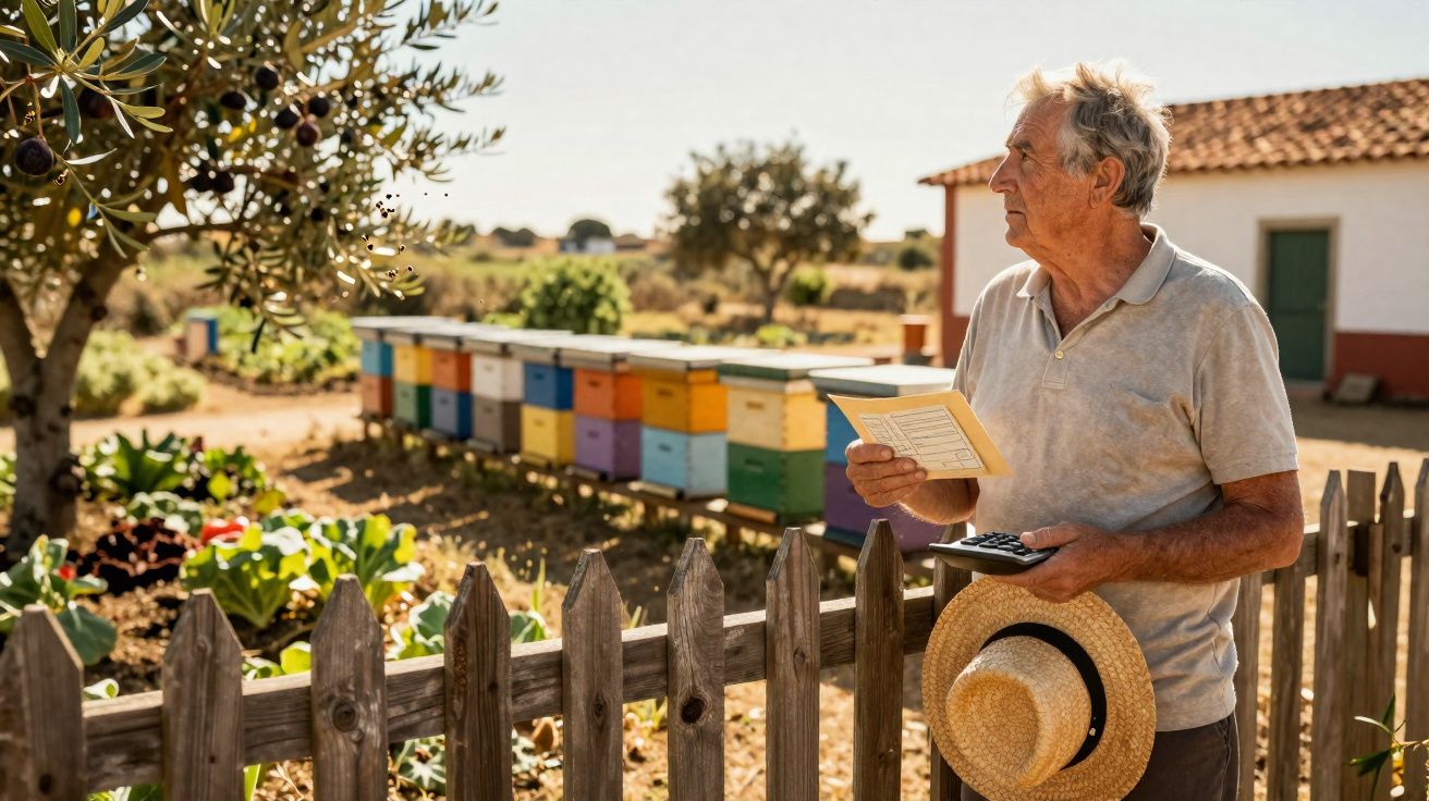 Homem sénior com chapéu na mão verifica notas e calculadora perto de colmeias coloridas no campo.