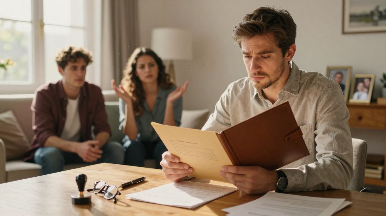 Homem sério lê documentos numa mesa, casal discute ao fundo numa sala iluminada.