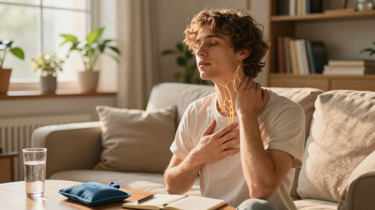 Jovem sentado no sofá com mão no peito e outra no pescoço, aparentando dor ou desconforto.