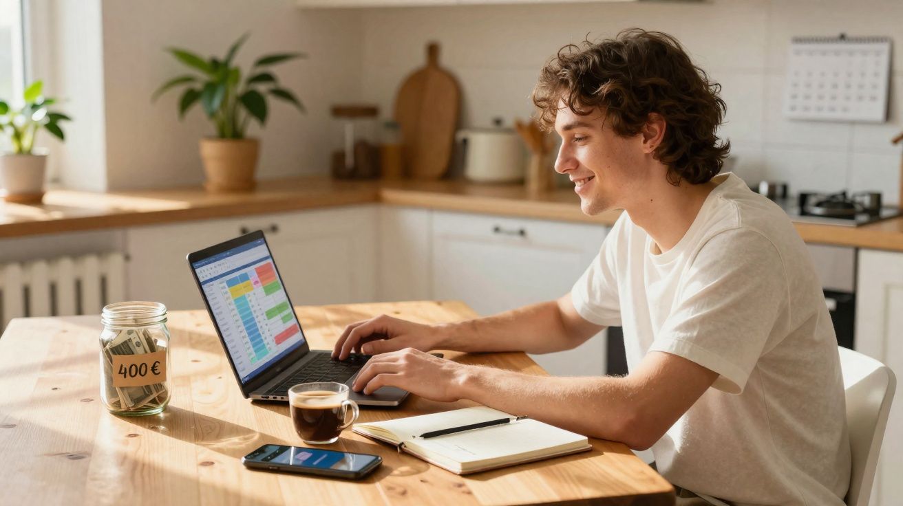 Jovem a trabalhar num computador portátil numa cozinha, com café, telemóvel e pote com dinheiro na mesa.