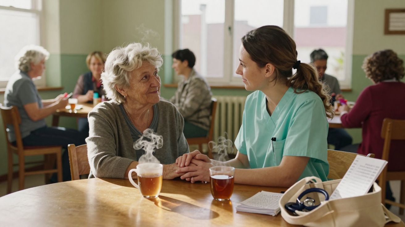 Idosa e enfermeira sentadas à mesa com chá quente, em conversa amigável num centro de dia.