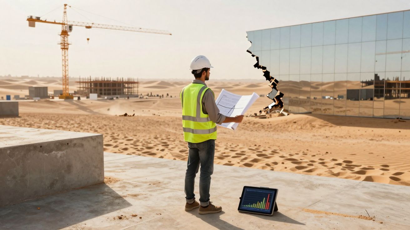 Engenheiro com capacete e colete a analisar plantas numa obra no deserto, com gráfico num tablet e guindaste ao fundo.