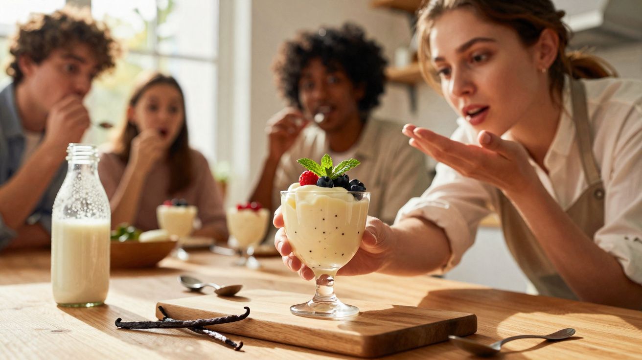 Jovem a mostrar uma taça de sobremesa cremosa com frutos vermelhos a três pessoas à mesa.