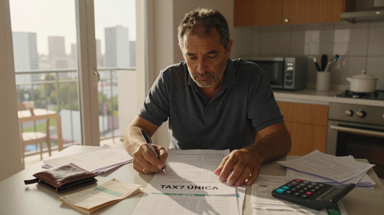 Homem a analisar documentos e a preencher formulário de IRS numa mesa com calculadora na cozinha.