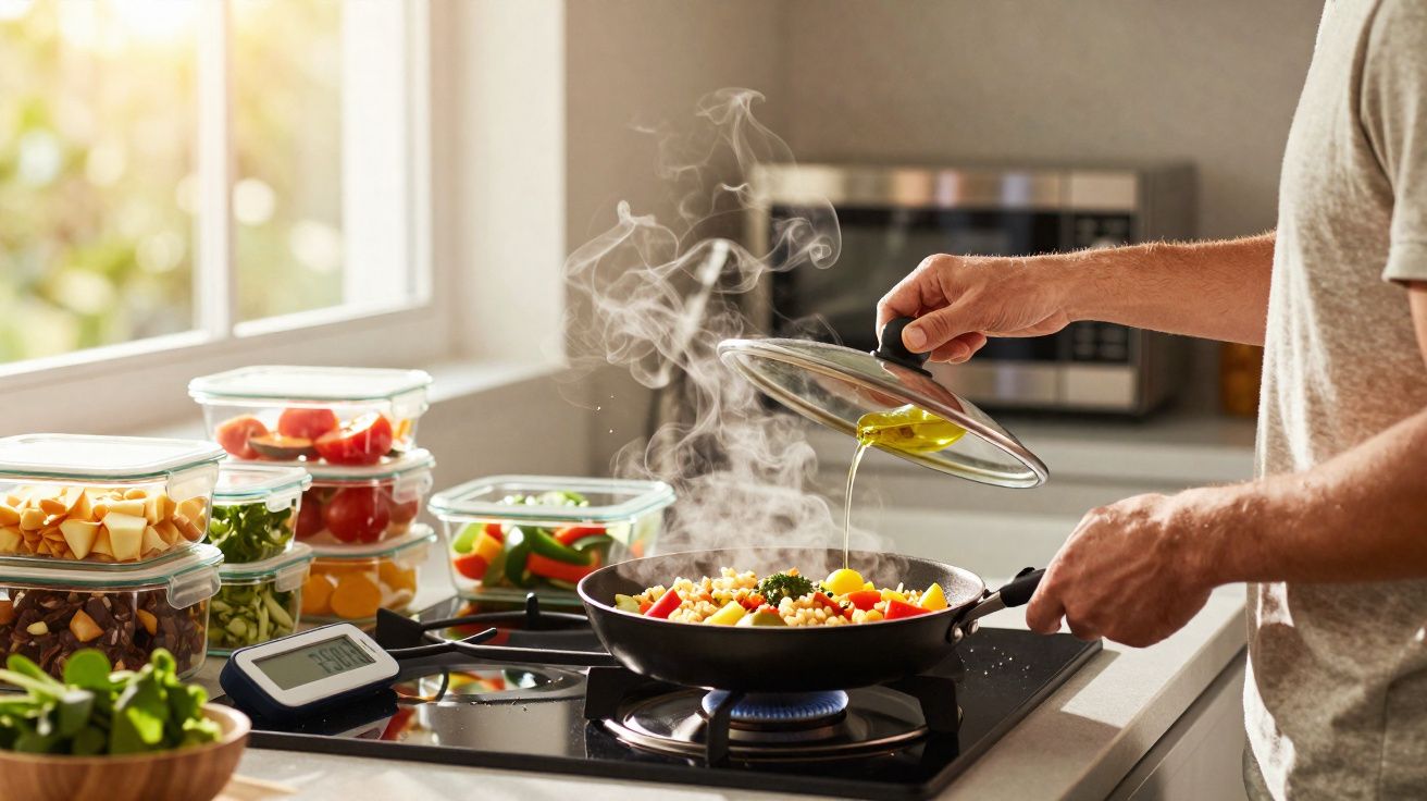 Pessoa a cozinhar legumes frescos numa frigideira, com óleo a ser derramado e vegetais armazenados em recipientes de vidro.