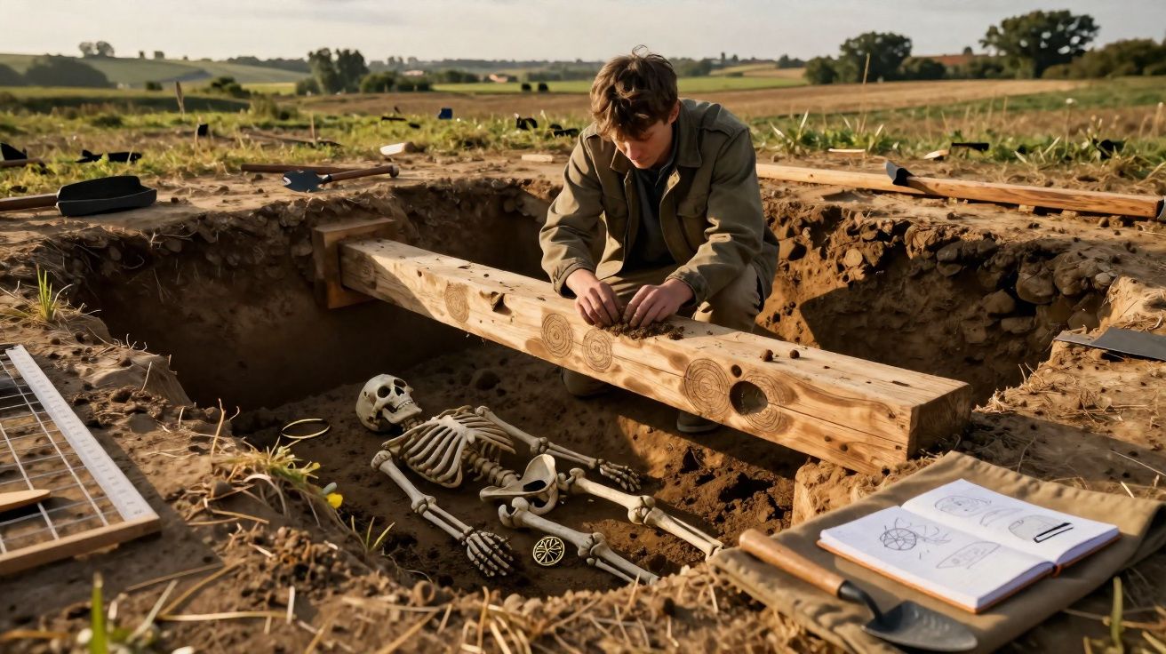 Jovem arqueólogo trabalha numa escavação ao ar livre, ao lado de um esqueleto humano enterrado.