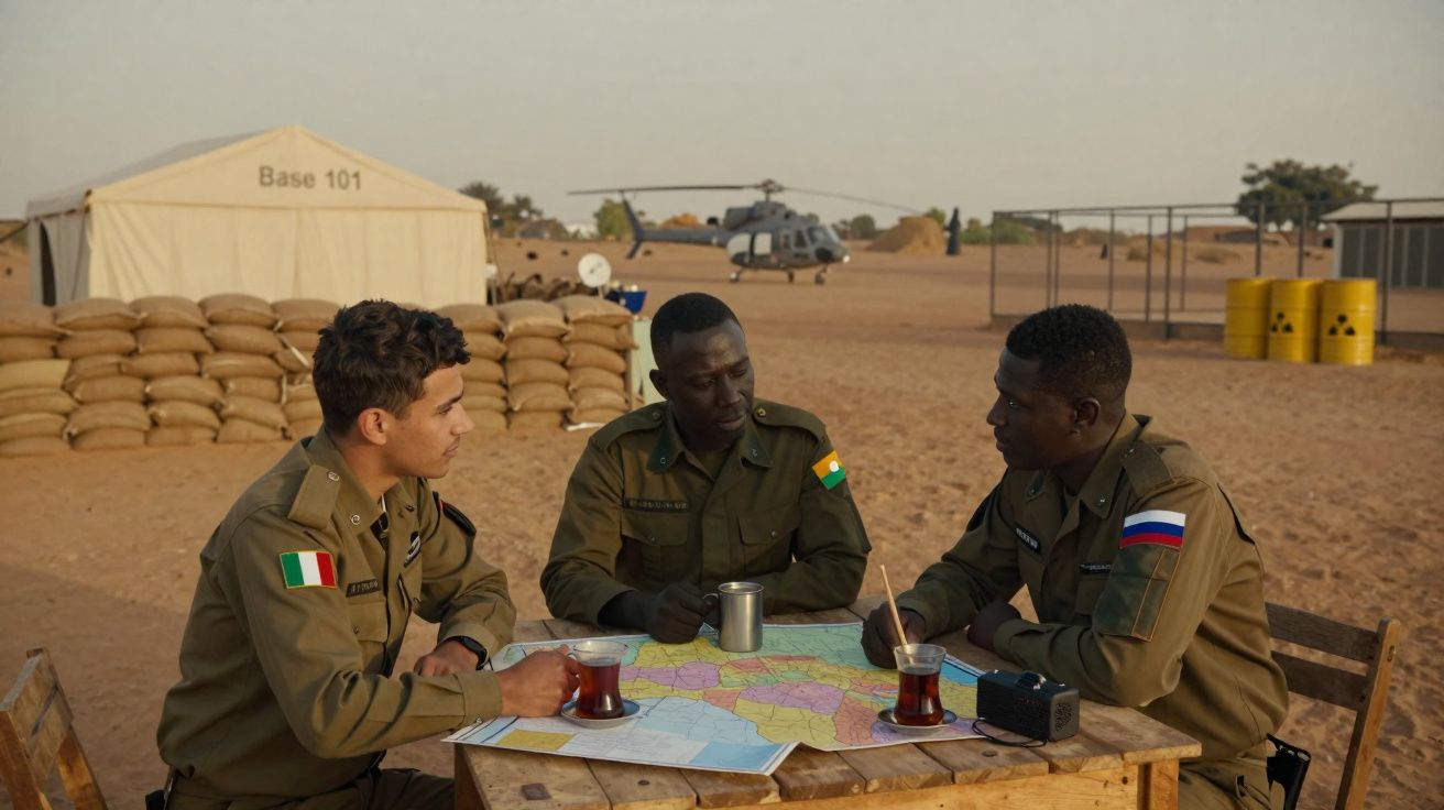 Três militares de diferentes países sentados à volta de uma mesa com mapas, chá e equipamento num acampamento desértico.