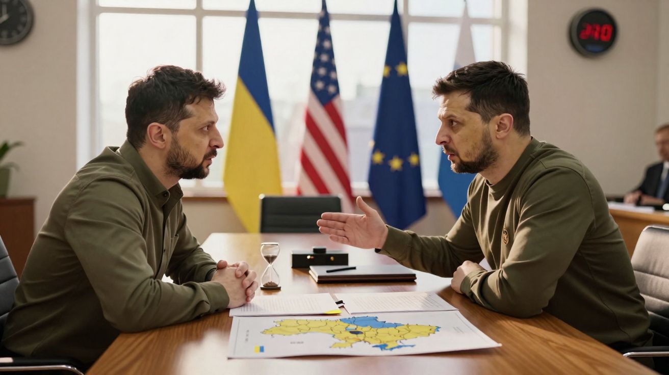 Homem em camisa verde fala com versão idêntica dele sentado frente a frente numa sala com bandeiras da Ucrânia, EUA e UE.