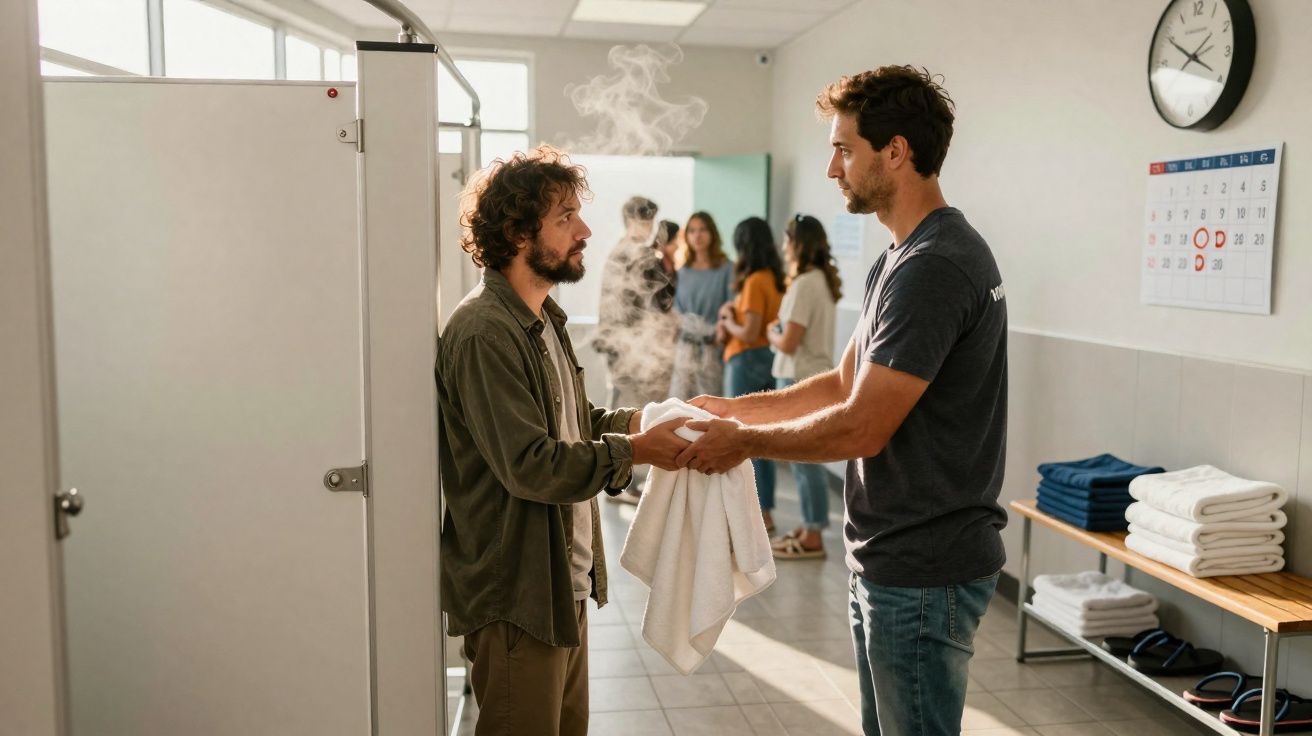 Dois homens trocam uma toalha quente numa sala com mais pessoas ao fundo, luz natural e relógio na parede.