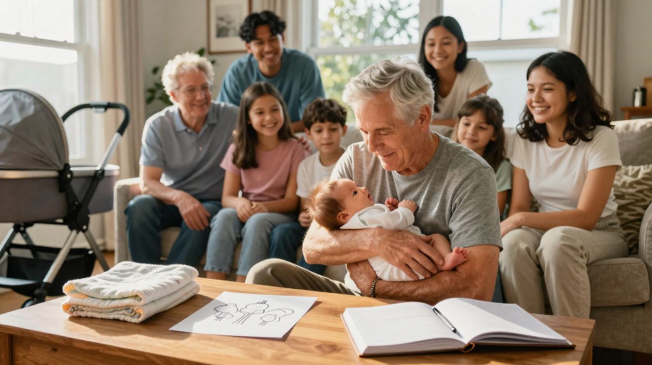 Homem sénior segura bebê no colo rodeado por familiares sorridentes numa sala acolhedora.